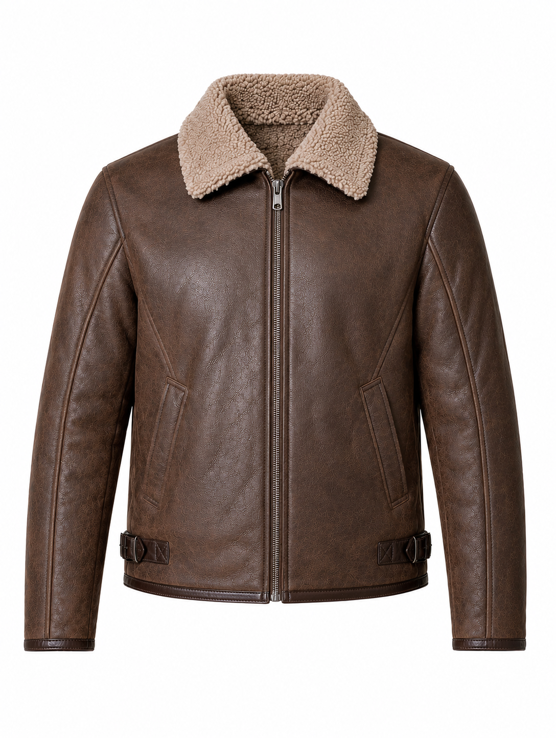 Men’s Premium Brown Faux Shearling Real Leather Flight Bomber Jacket