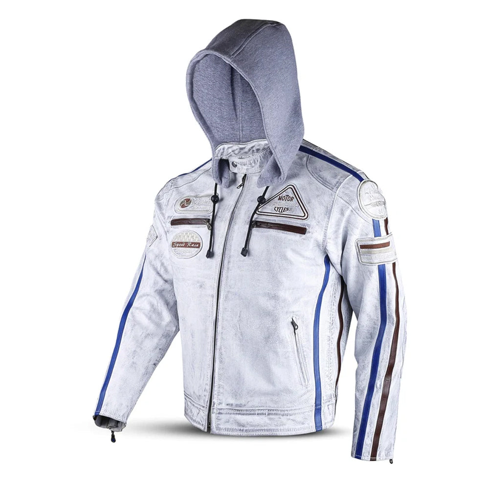 Blouson de motard en cuir blanc style classique américain pour homme