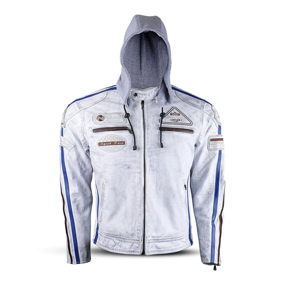 Blouson de motard en cuir blanc style classique américain pour homme