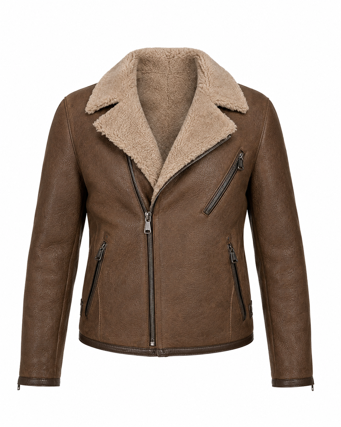 Men’s Brown Real Sheepskin Leather Aviator Jacket with faux Shearling