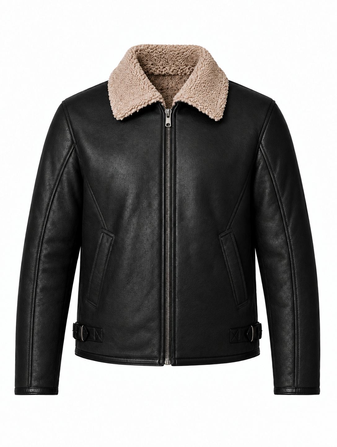 Men’s Premium Black Faux Shearling Real Leather Flight Bomber Jacket