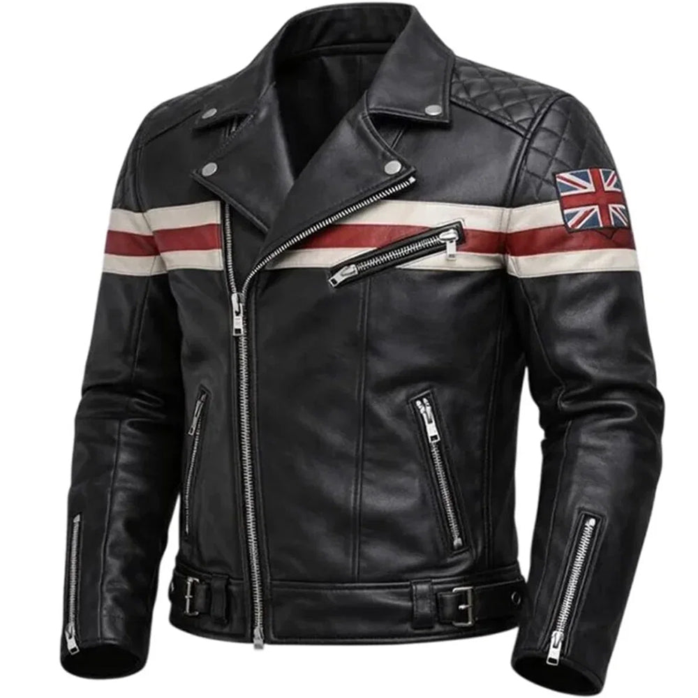 MEN'S BIKER STYLE PERFECTO RED & WHITE  STRIPES LEATHER JACKET