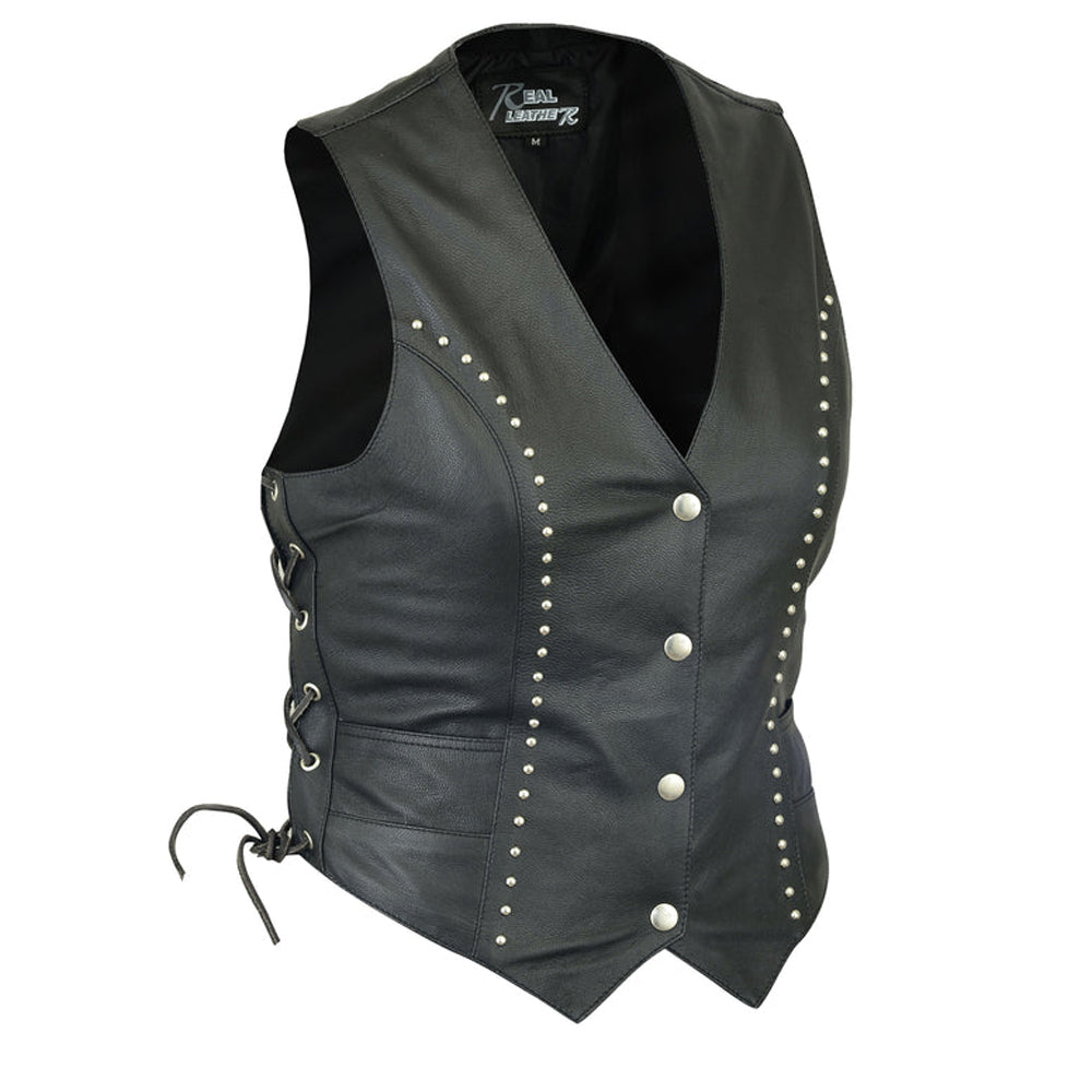 Queen Women Rivet Stud Trim bike leather vest Side laces ladies leather jacket  gilet cuir femme