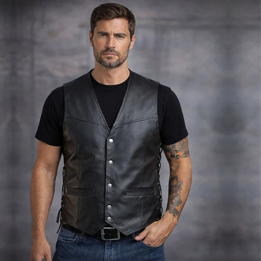 Gilet en cuir de style motard classique, gilet en cuir de motard