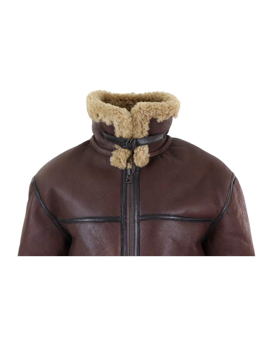 Men’s Classic Brown Sheepskin Leather Aviator Jacket with Shearling Fur Collar
