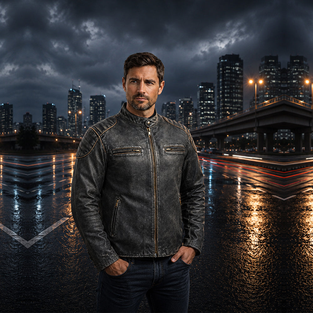 BLOUSON DE MOTO EN CUIR STYLE BIKER (Prix promotionnel)