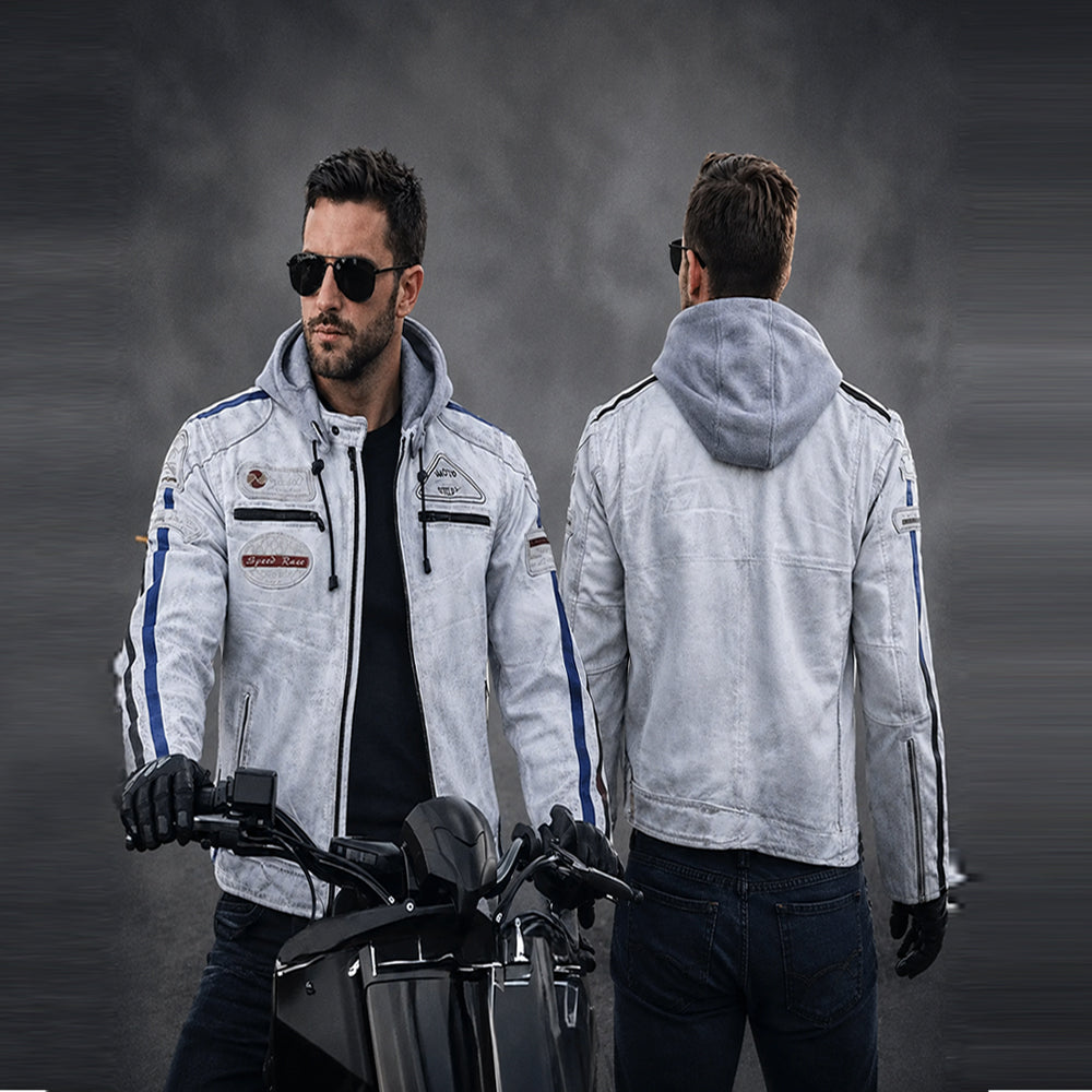 Blouson de motard en cuir blanc style classique américain pour homme