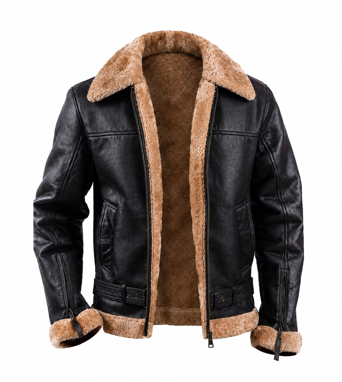 Men’s Black Real Leather Shearling Bomber Pilot Aviator Jacket