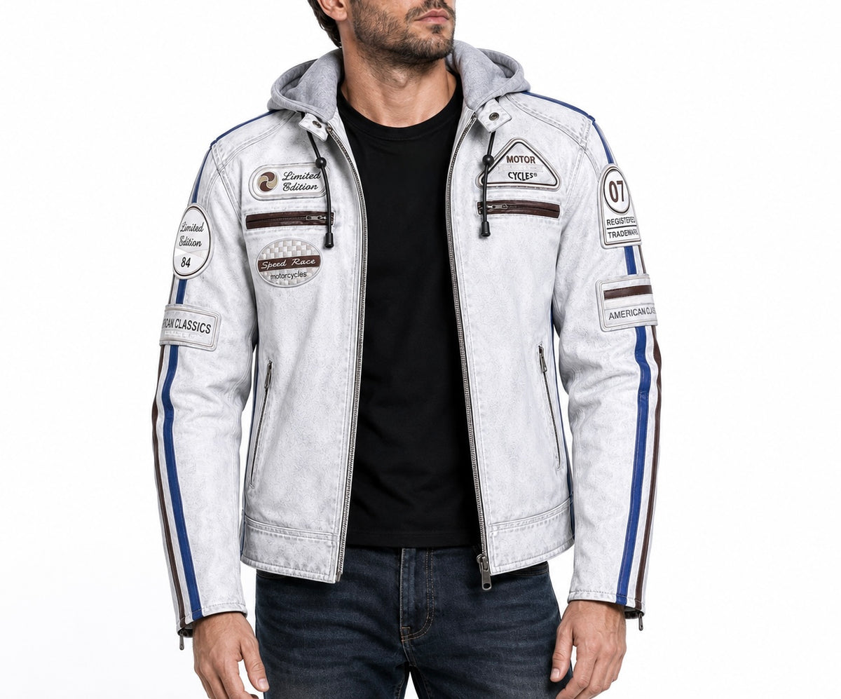 Amercian Classic Men Leather biker style  leather jacket White