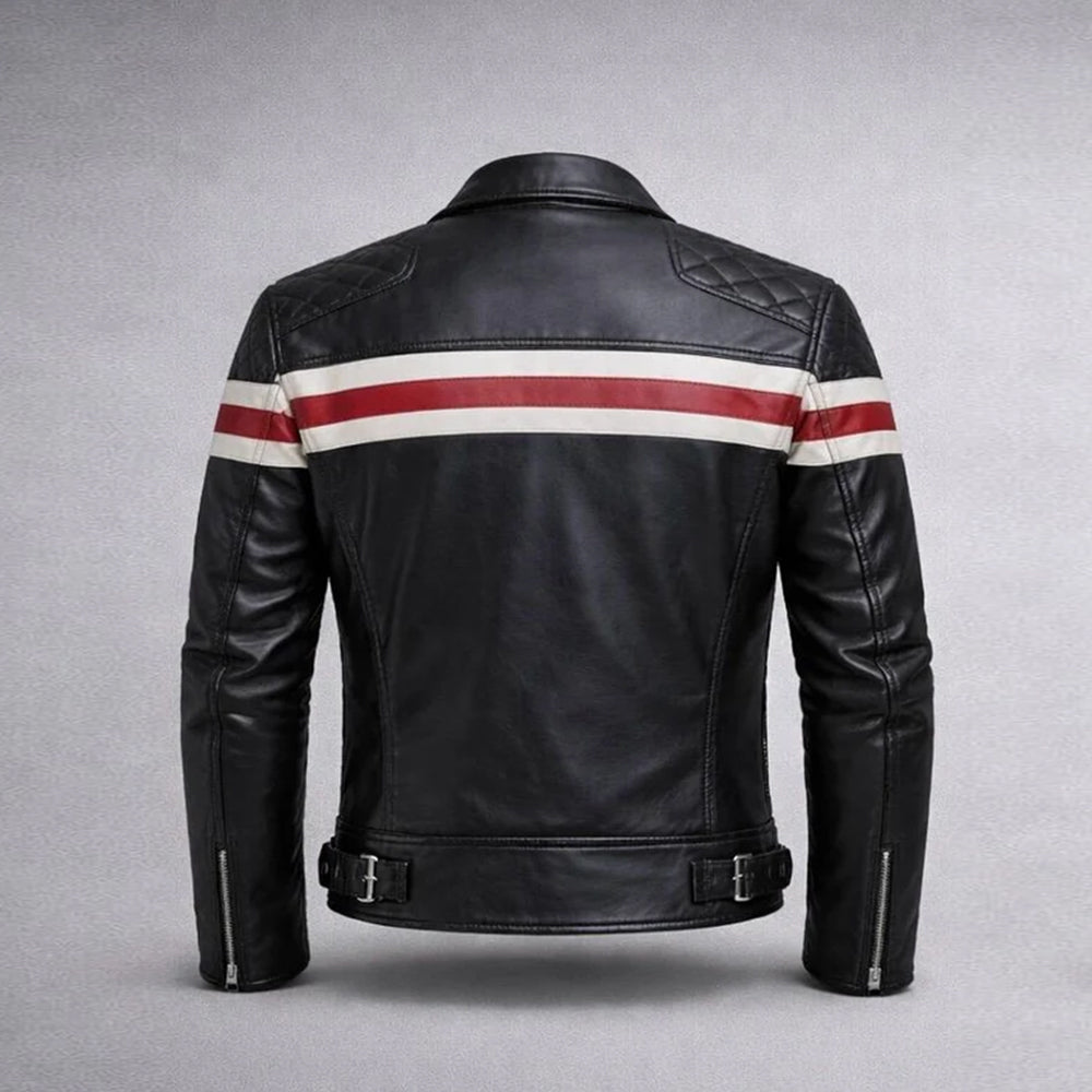 PERFECTO EN CUIR ROUGE ET BLANC À RAYURES STYLE MOTARD POUR HOMME
