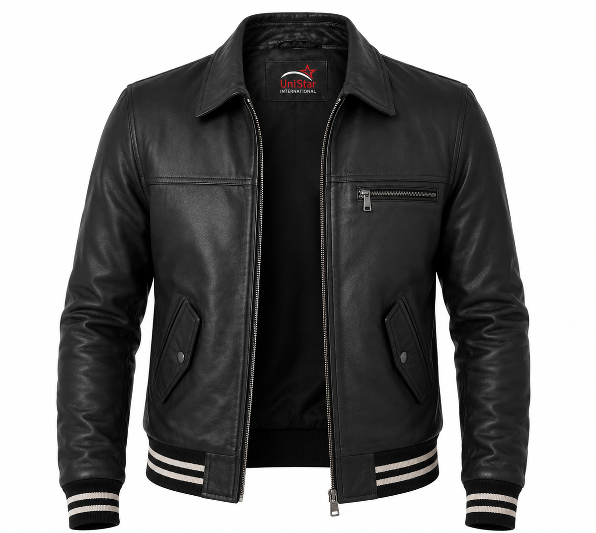 Men’s Black Real Leather Varsity Bomber Jacket