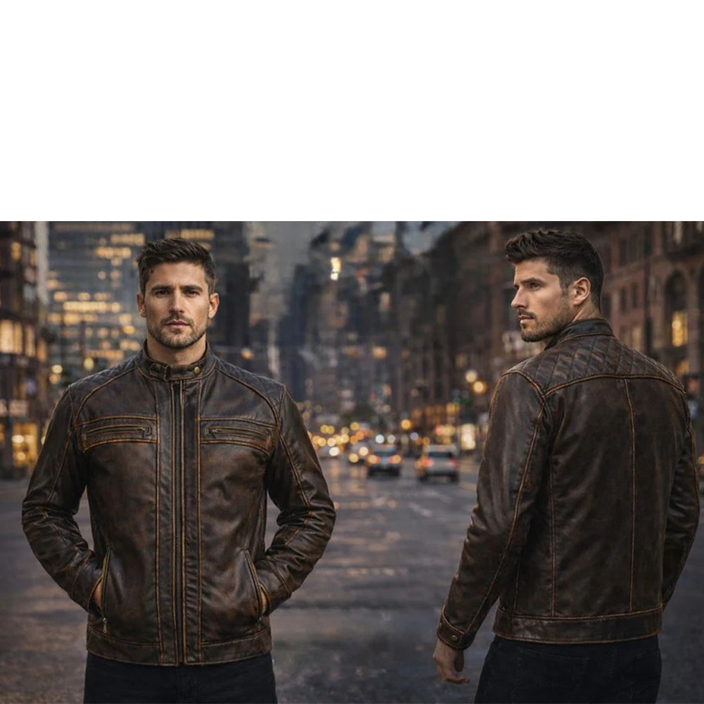 Blouson en cuir marron antique style motard ciré (prix promotionnel)
