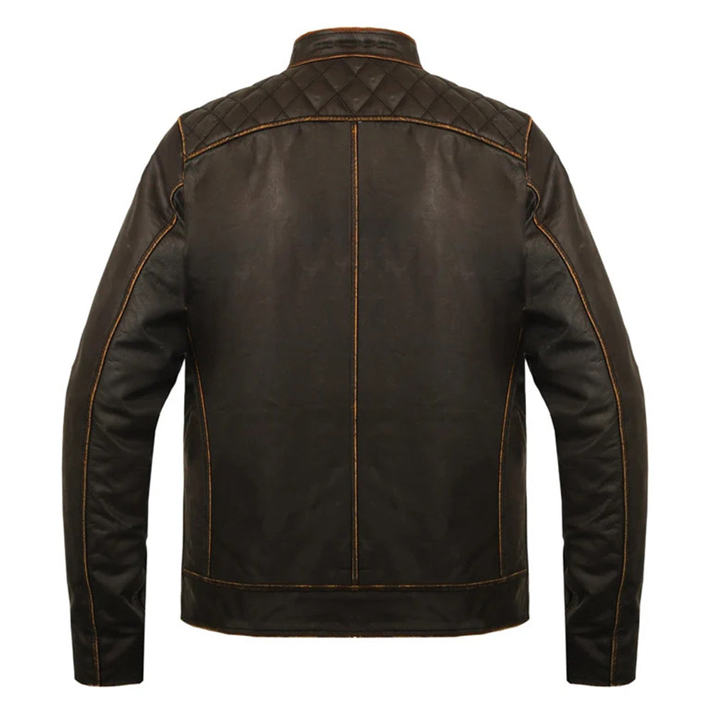 Blouson en cuir marron antique style motard ciré (prix promotionnel)