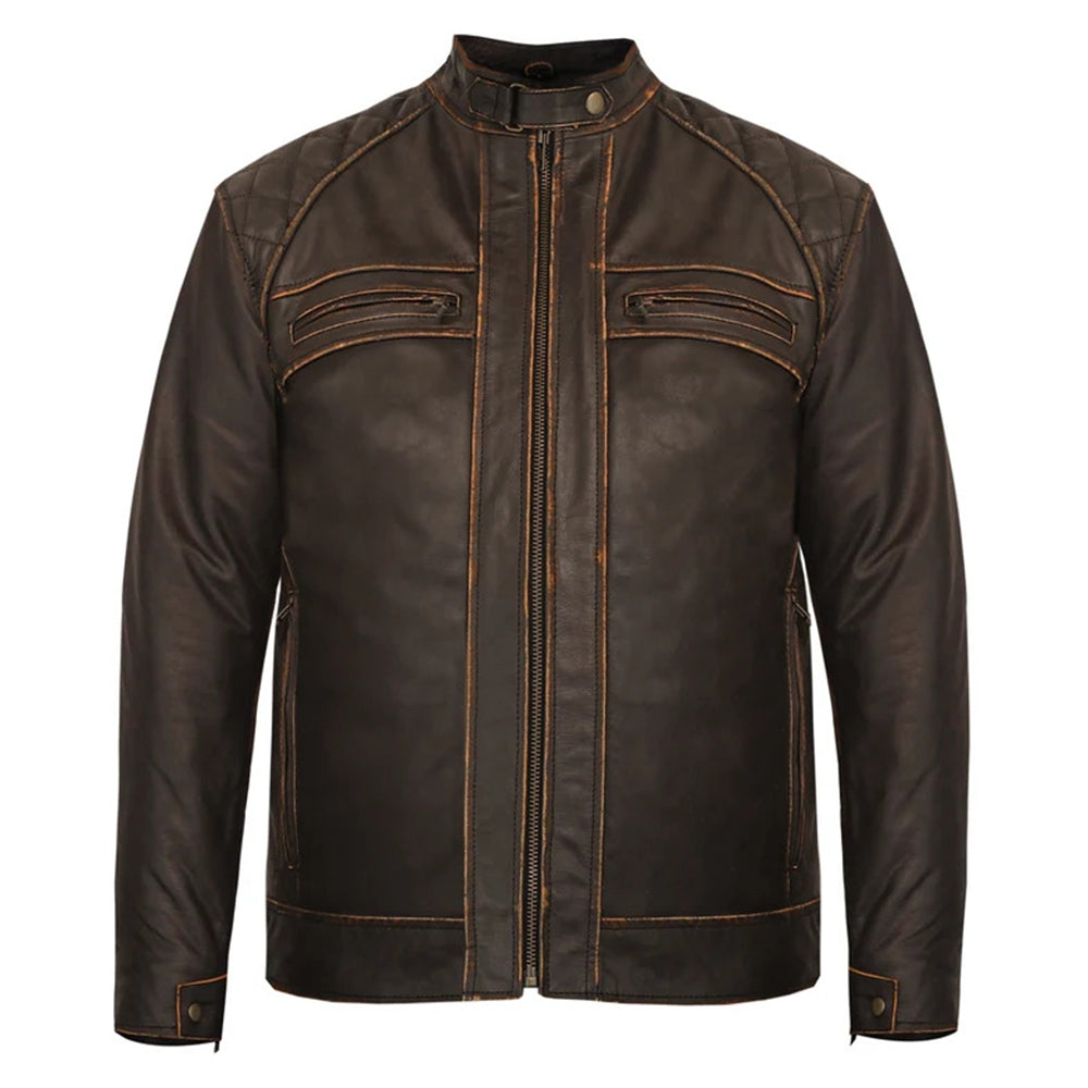 Blouson en cuir marron antique style motard ciré (prix promotionnel)