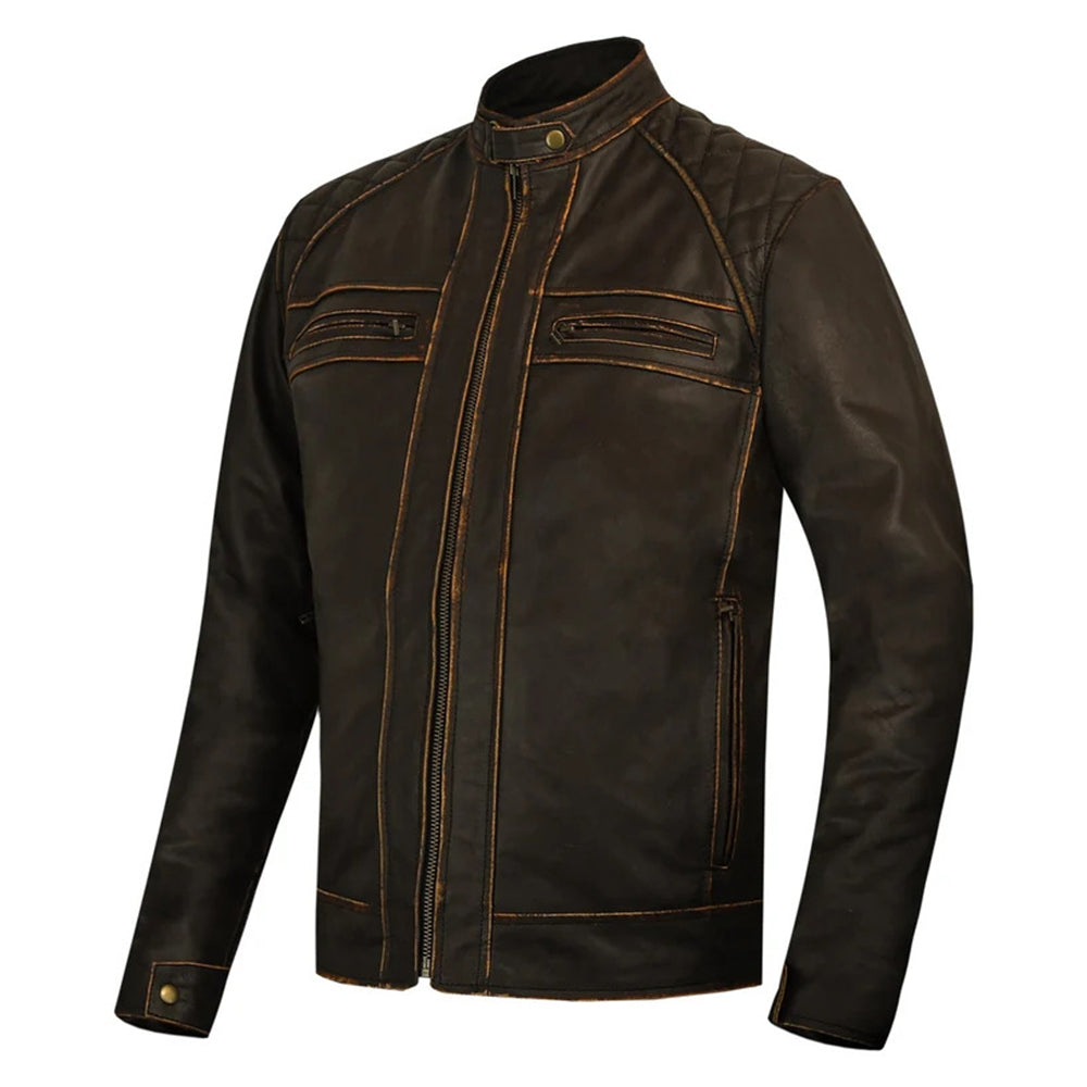 Blouson en cuir marron antique style motard ciré (prix promotionnel)