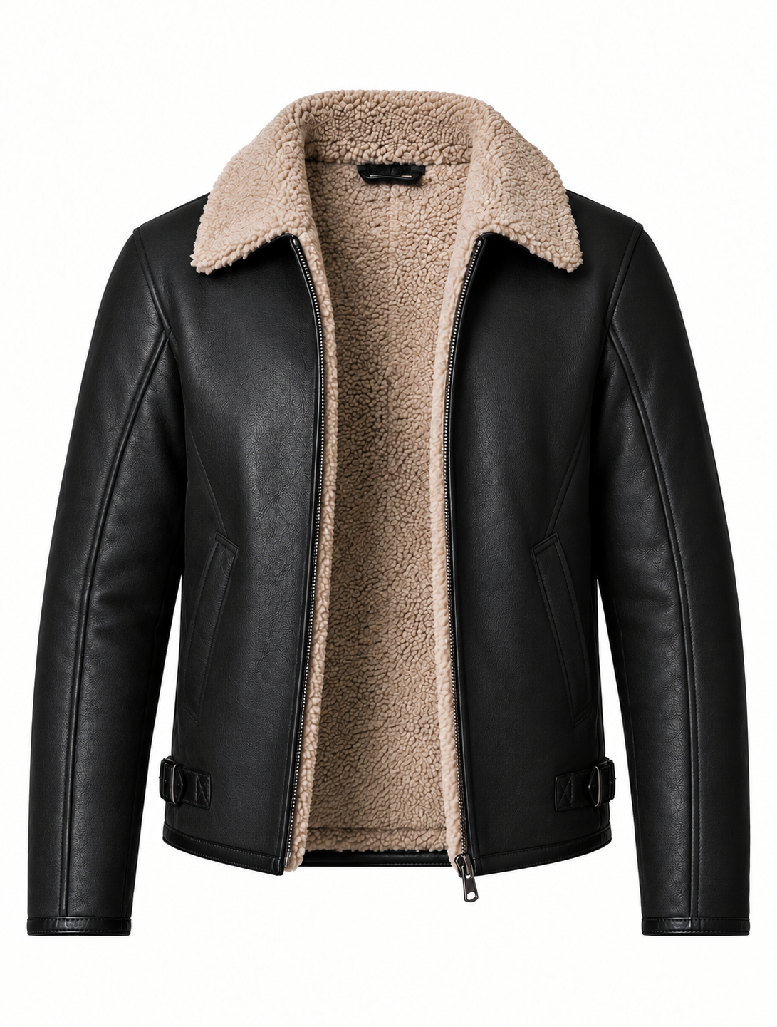 Men’s Premium Black Faux Shearling Real Leather Flight Bomber Jacket