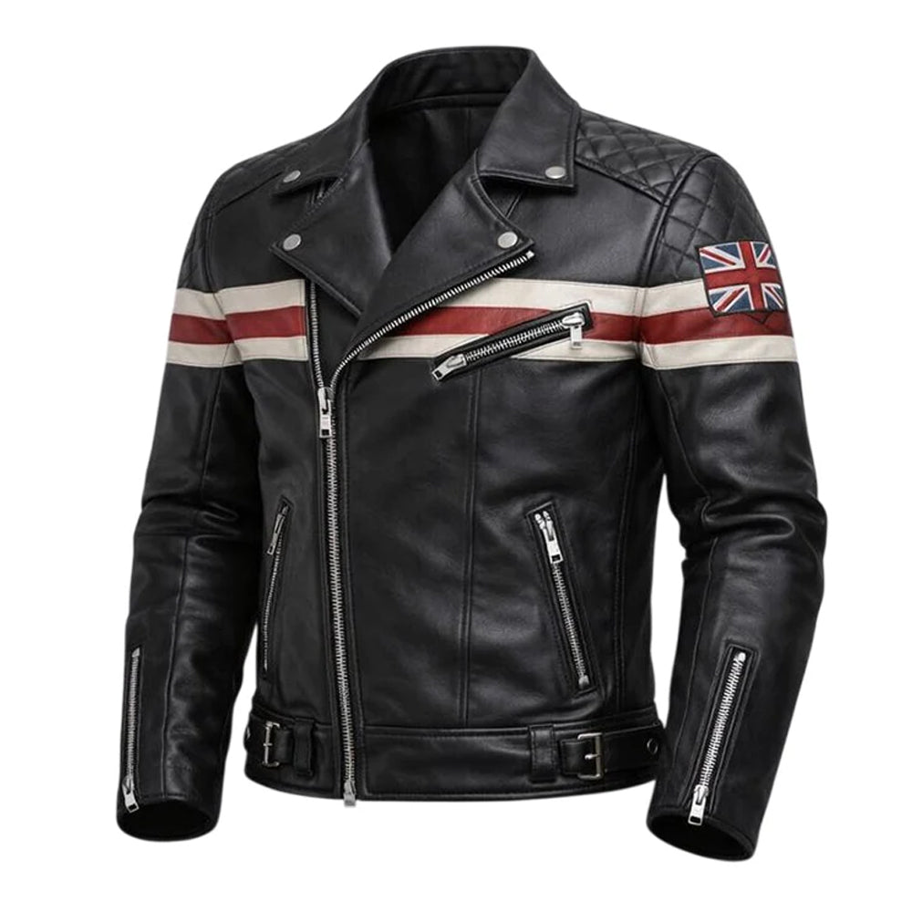 PERFECTO EN CUIR ROUGE ET BLANC À RAYURES STYLE MOTARD POUR HOMME