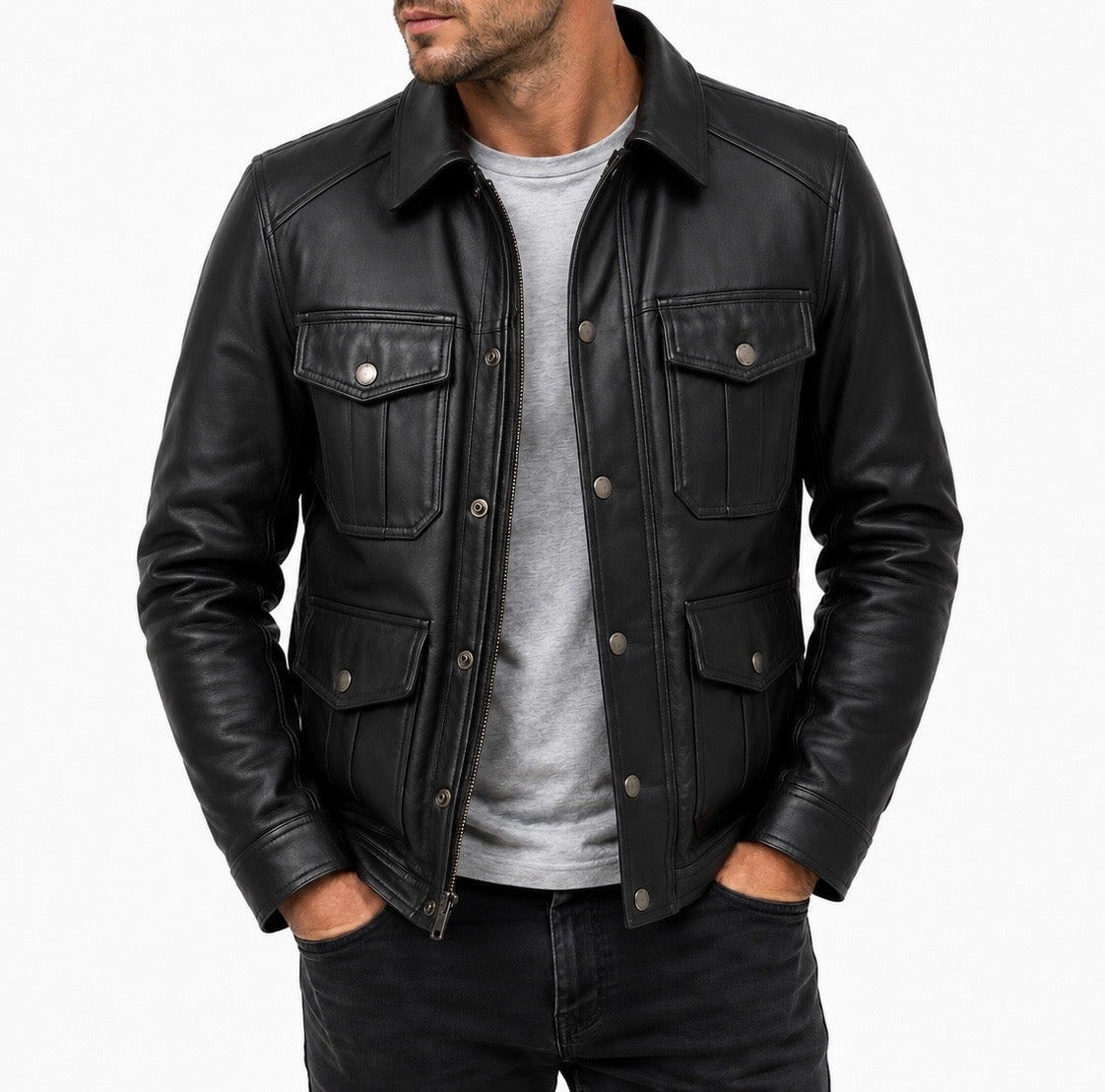 Urban Ranger Black Real Leather Field Jacket