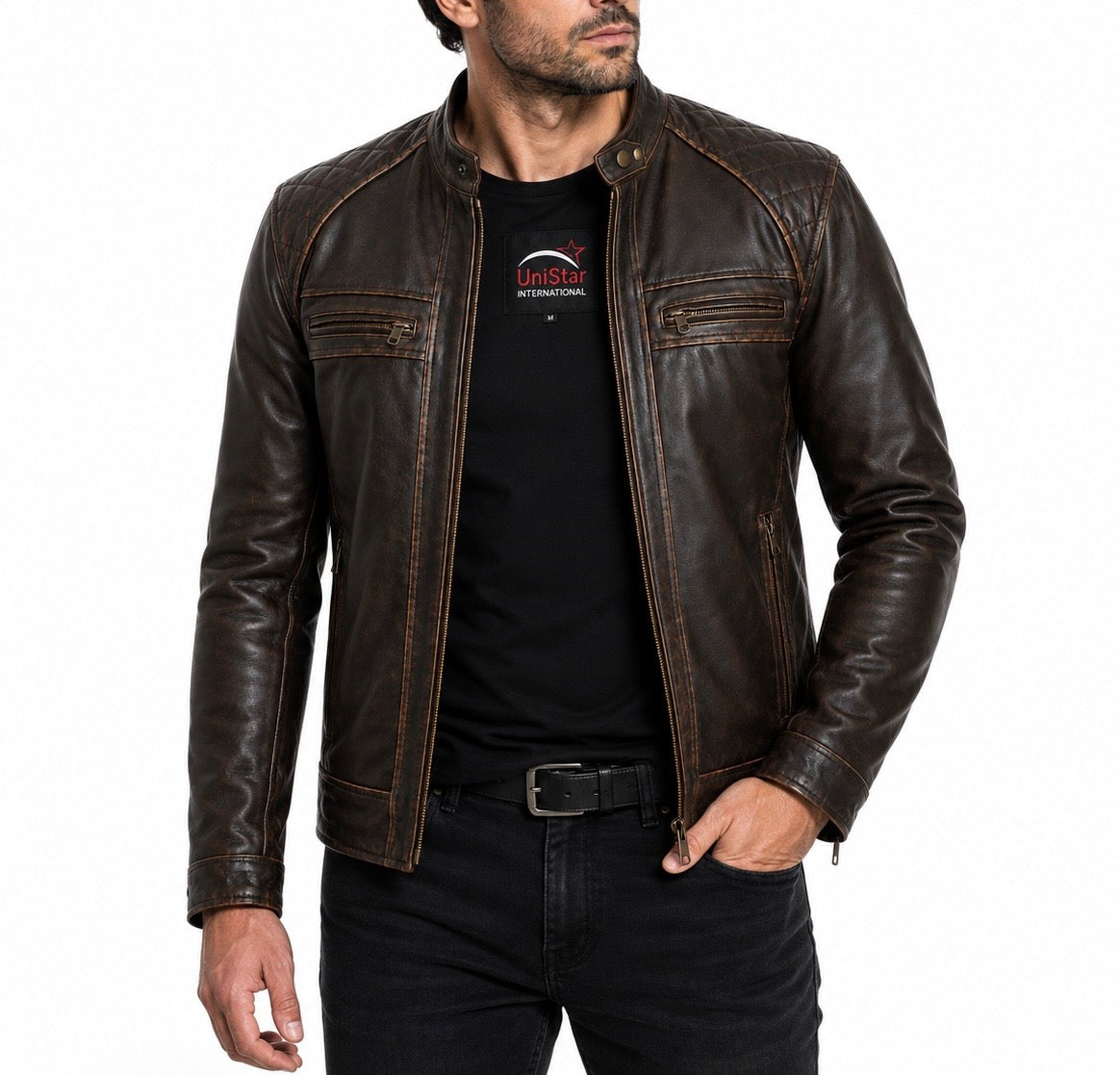 Antique Brown Biker style Leather Jacket Waxed (Promotional Price)
