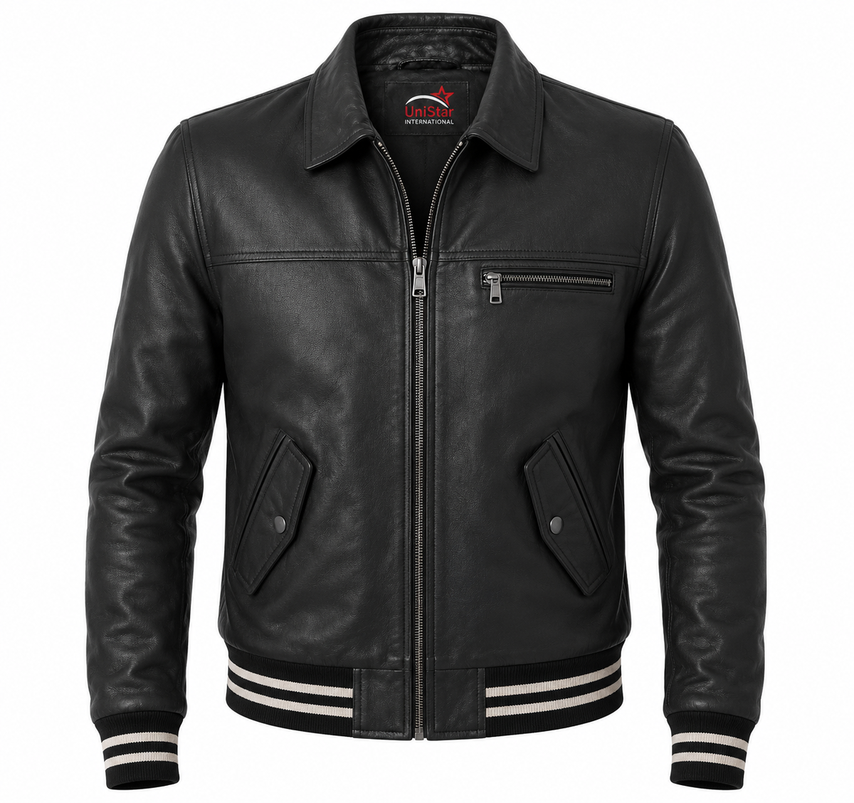 Men’s Black Real Leather Varsity Bomber Jacket