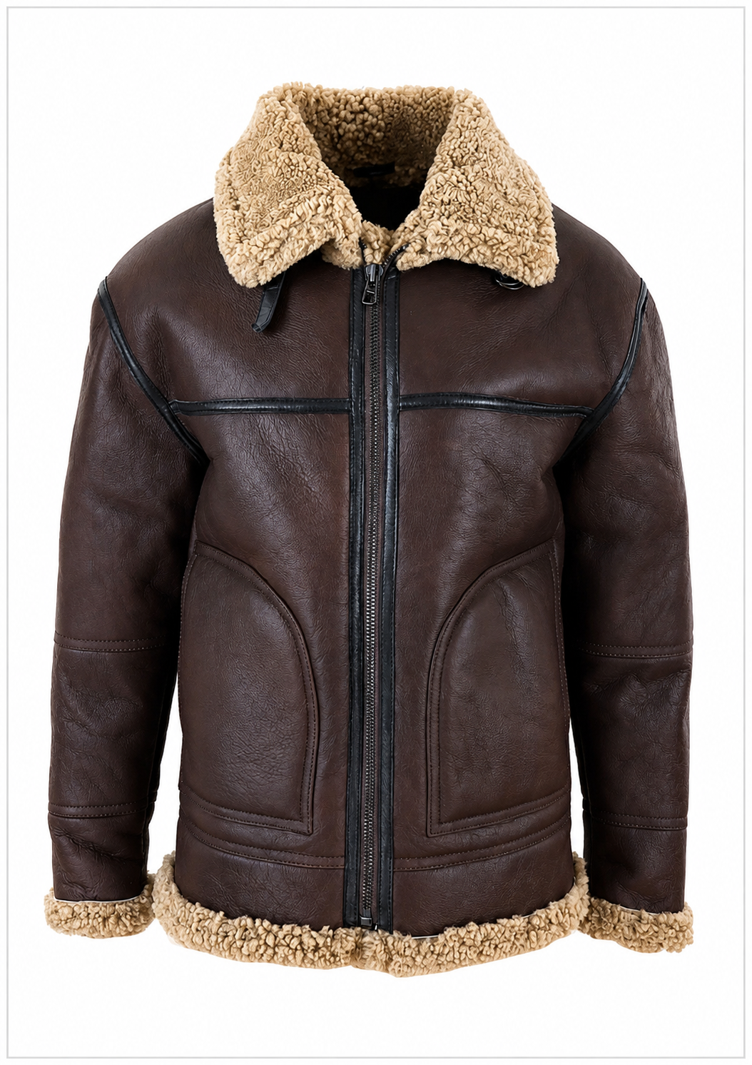Men’s Classic Brown Sheepskin Leather Aviator Jacket with Shearling Fur Collar