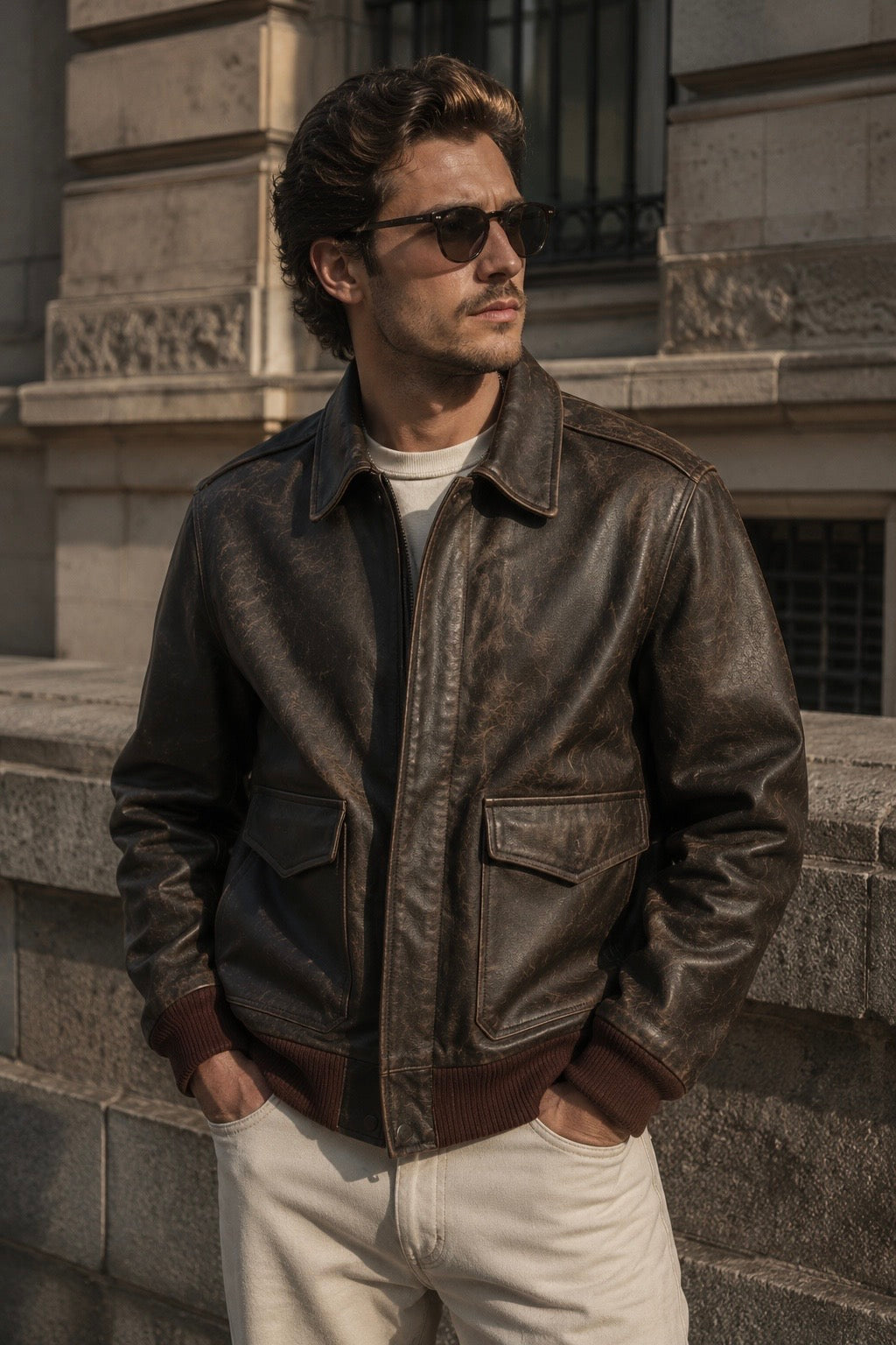 Vintage Copilot Distressed Real Cowhide Leather Bomber Jacket