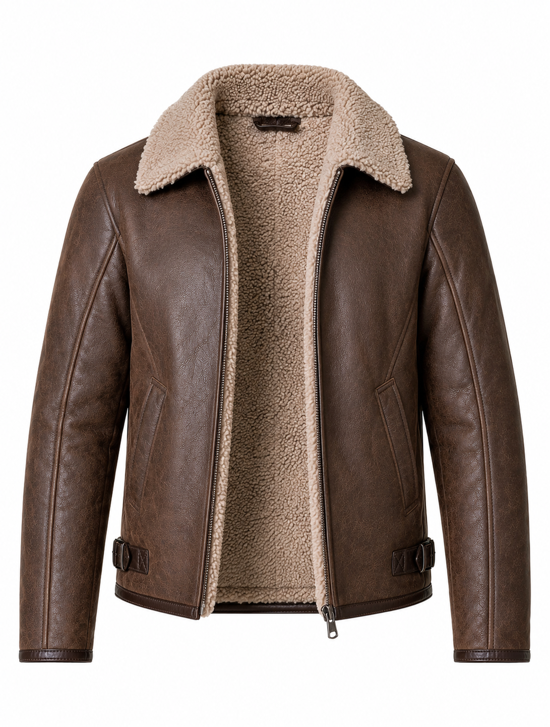 Men’s Premium Brown Faux Shearling Real Leather Flight Bomber Jacket
