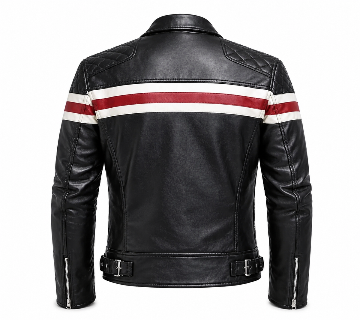 MEN'S BIKER STYLE PERFECTO RED & WHITE  STRIPES LEATHER JACKET