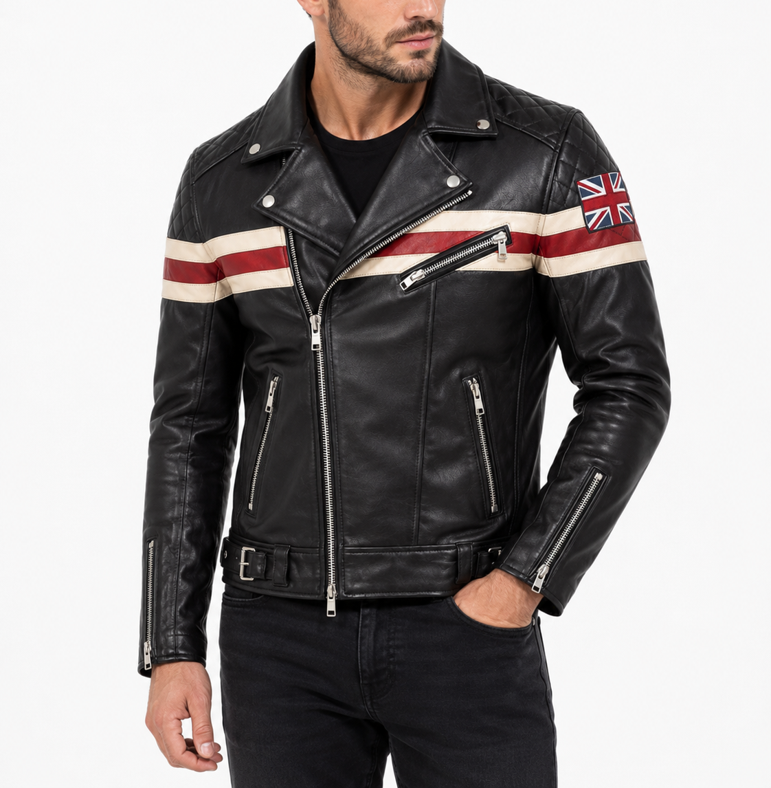 MEN'S BIKER STYLE PERFECTO RED & WHITE  STRIPES LEATHER JACKET