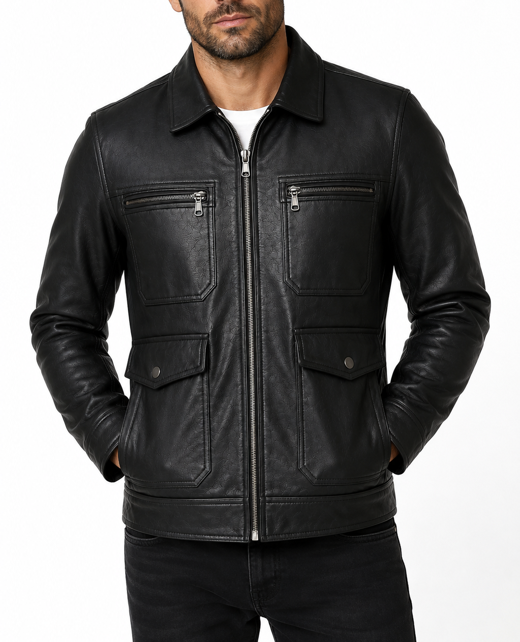 Ravencrest Real Leather Modern Utility Jacket