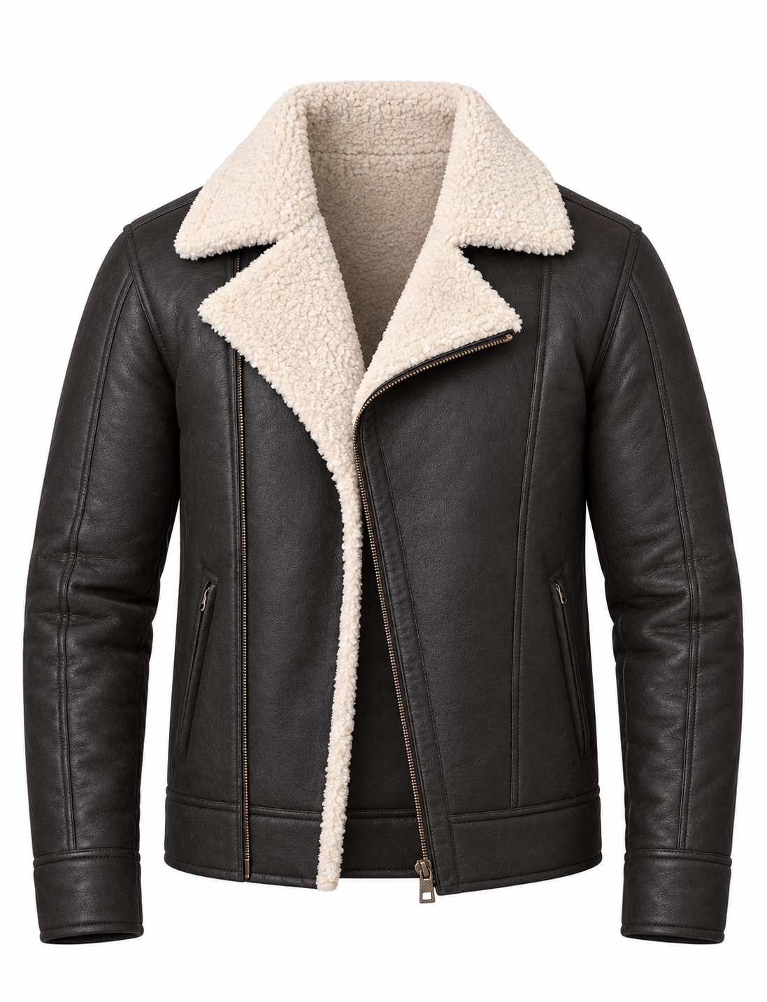 Men’s Faux Shearling Real Black Sheepskin Bomber Leather  Aviator Jacket
