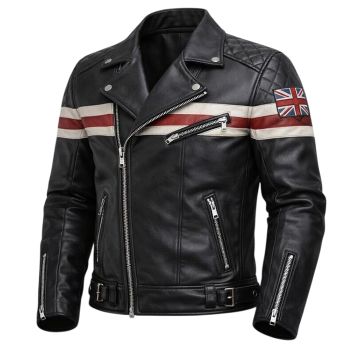 MEN'S BIKER STYLE PERFECTO RED & WHITE  STRIPES LEATHER JACKET