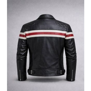 MEN'S BIKER STYLE PERFECTO RED & WHITE  STRIPES LEATHER JACKET